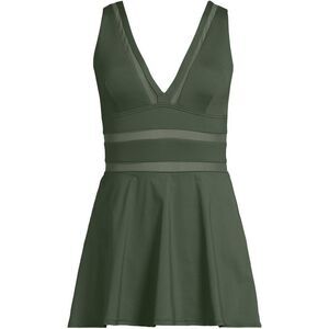 Land's End mesh plunge V-neck mini ultra high leg swim dress rich olive green 6